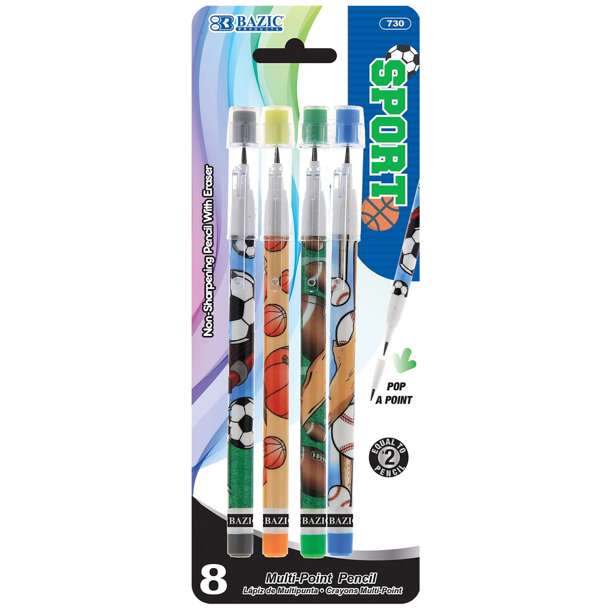 BAZIC Non-Sharpening Multi-Point Pencil W/Eraser 8/Pack 