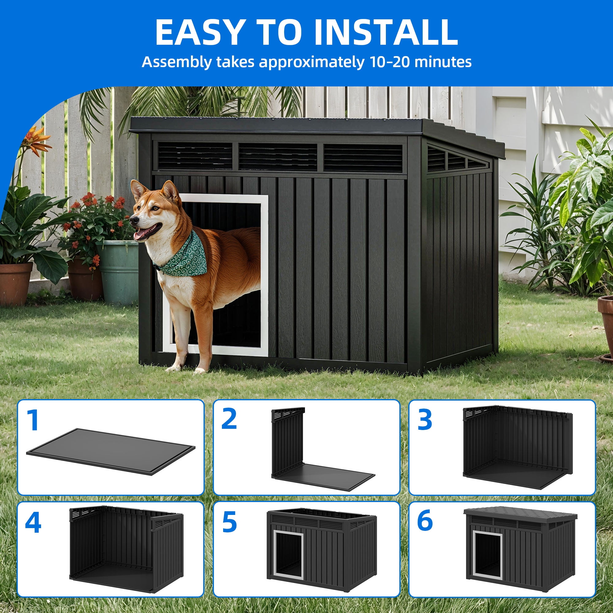 Dextrus Plastic Dog House with Lift-Up Sloping Roof,Indoor & Outdoor Dog Kennel,Waterproof & Ventilated,Black,31.9"D x 24.8"W x 24.1"H