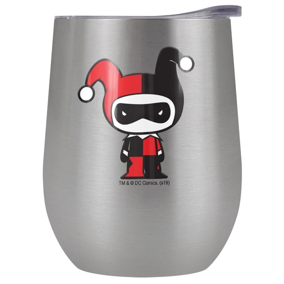 Batman - Harley Quinn Official Harley Quinn Cute Chibi Character 12 OZ Stemless Wine Tumbler, Stainless Steel Travel Cup|Lake Tumbler|Insulated with Leak Resistant Slide-Lock Lid, Stainless Steel