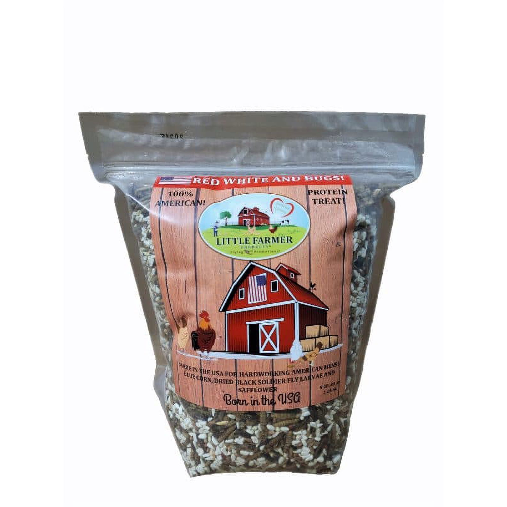 5lbs Red White and Bugs! Premium Non-GMO Black Soldier Fly Grubs, Blue Corn, Safflower Mix, Poultry Treat, USA Grown