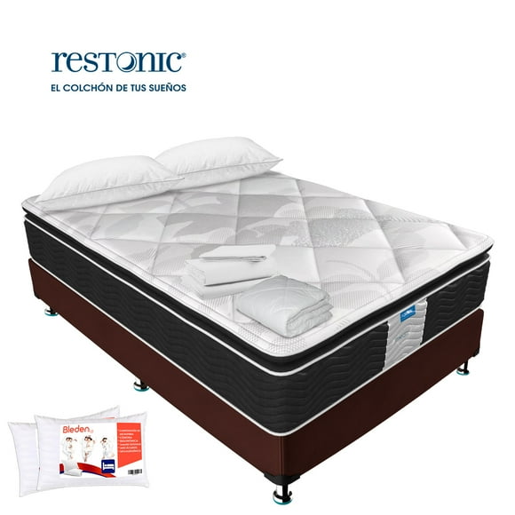 Colchón Matrimonial Restonic Linea Random con Box Sabanas Protector Almohadas Standar