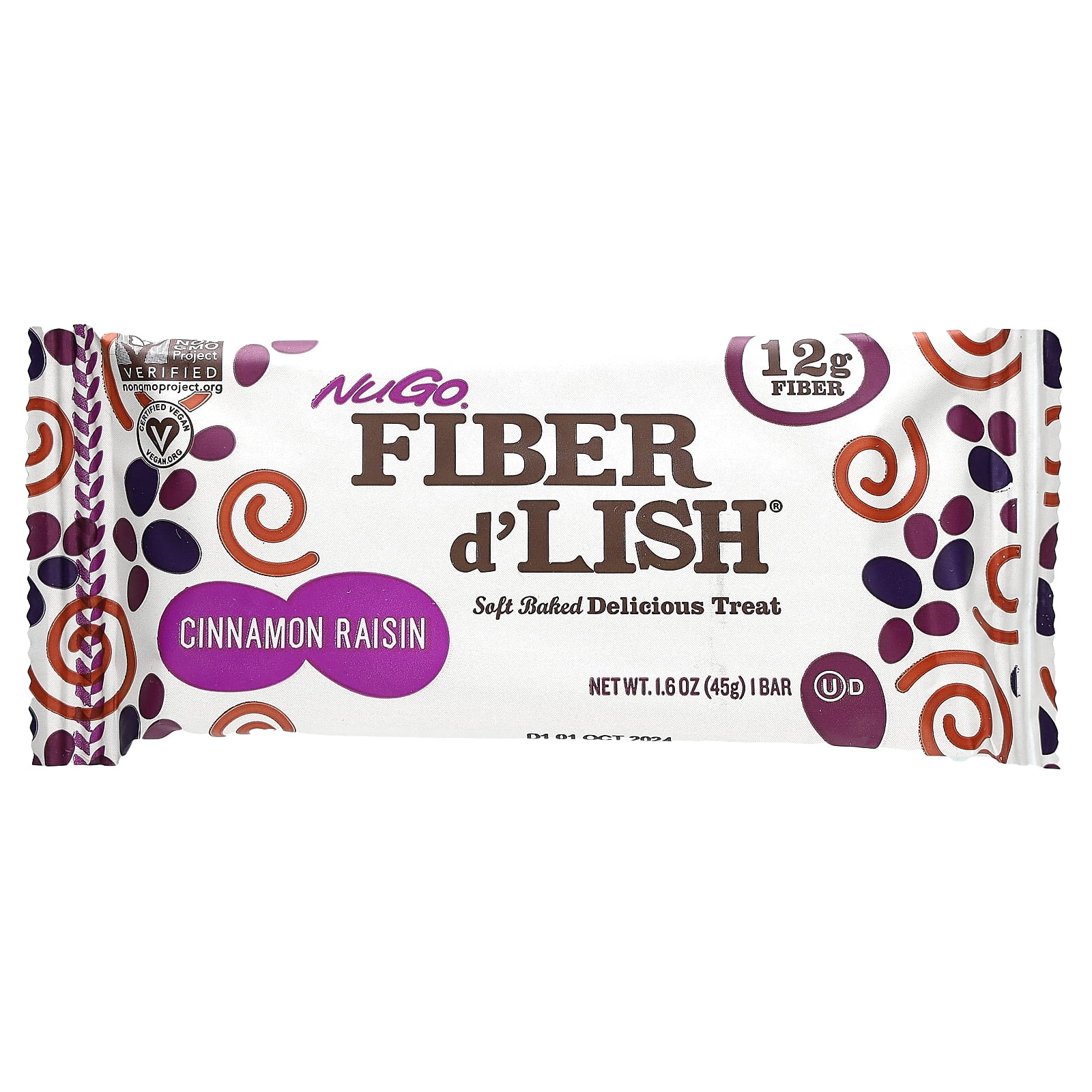 NuGo Fiber d'Lish Cinnamon Raisin, 12g High Fiber, Vegan, 16 Count