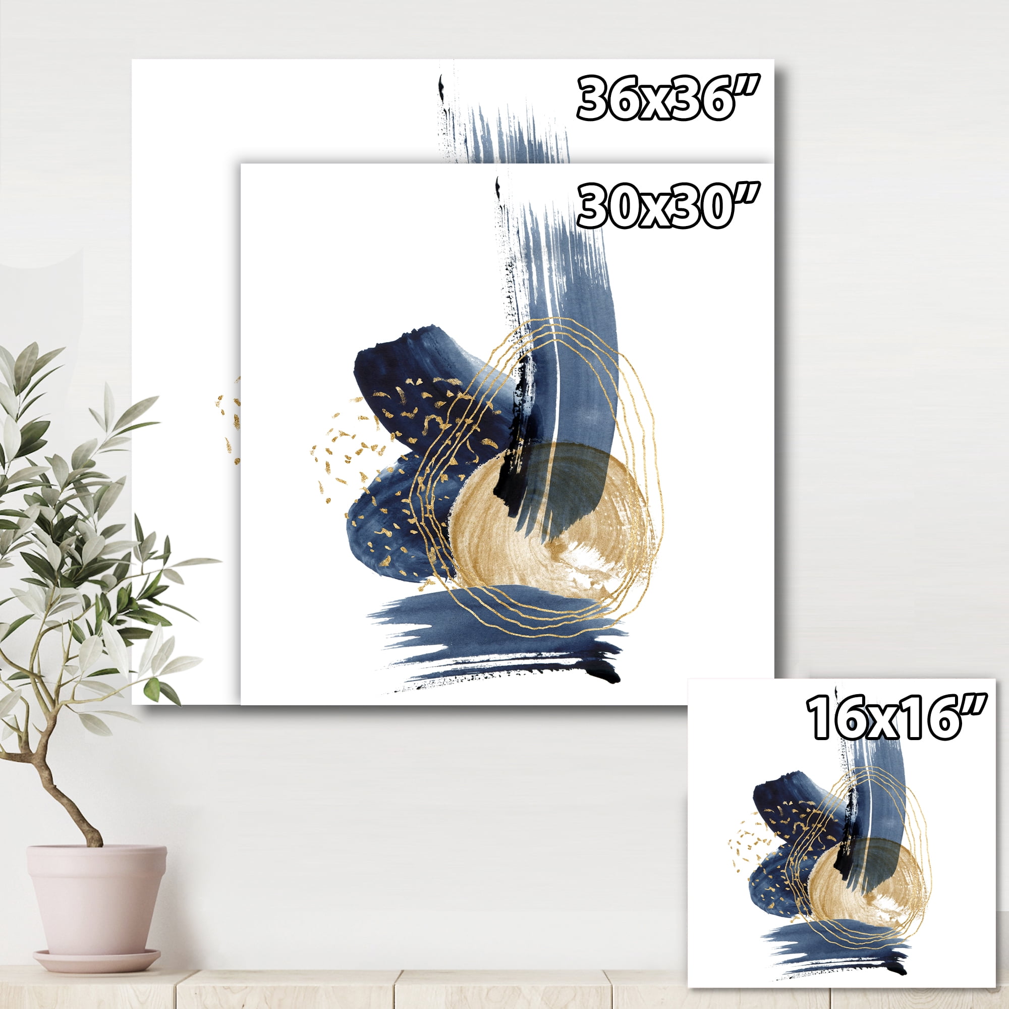 Designart ' Gold Strokes and Landscape of Dark Blue Mountains II ' Modern Canvas Wall Art Print