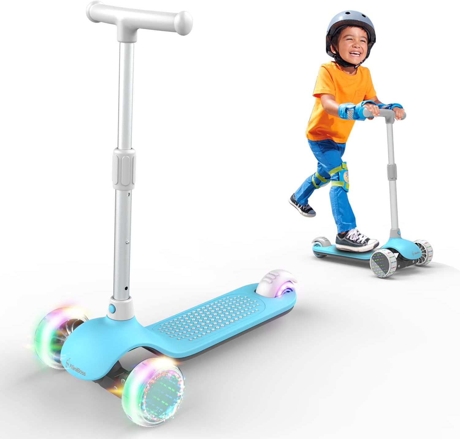 MiniBoss Kick Scooter for Kids, 3 Wheels Kid Scooter with Fashional Lights, Folding Kids Scooter, Flexible Scooter for Kids with Wide Deck & Adjustable Ergonomic Hand Bar, for 2 to 12 Years Kids-Blue