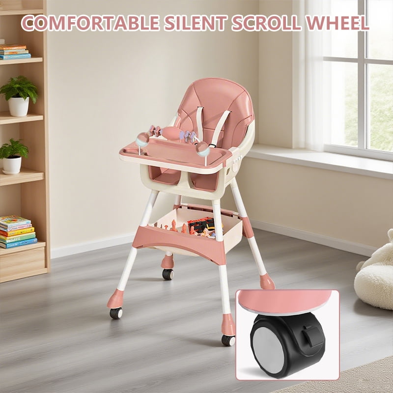 Wintline Portable High Chair,High Chairs for Babies and Toddlers,Multi-Use Easy Clean Baby High Chair with Lock Wheels, Comfortable Feeding and Place The Toy Storage Basket,Pink