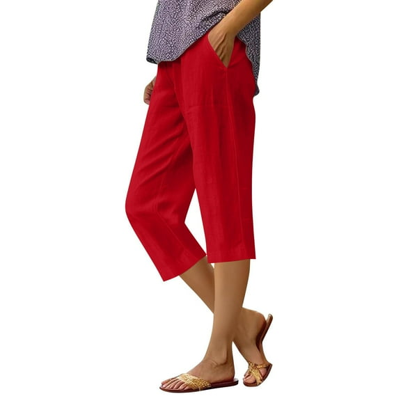 TQWQT Pedal Pushers for Women Dressy Casual Linen Capri Pants Knee Length Elastic Waist Work Shorts Trendy Summer Linen Capri Pants with Pockets Red 4XL
