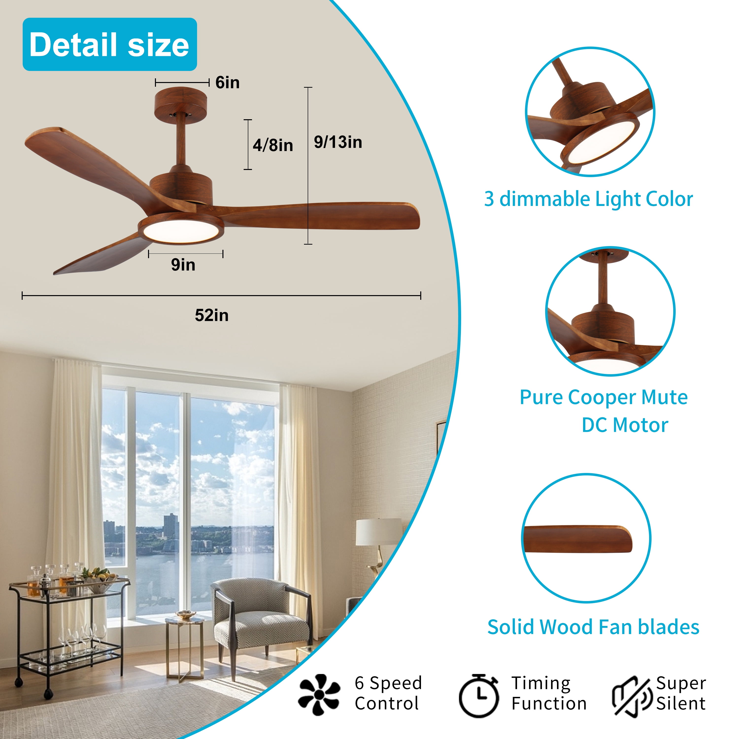 Noaman 52 Inch Wood Ceiling Fan with Light and Remote, Modern Low Profile DC Motor Fan, 6-Speed Reversible, Natural Wood for Bedroom/Outdoor/Patio