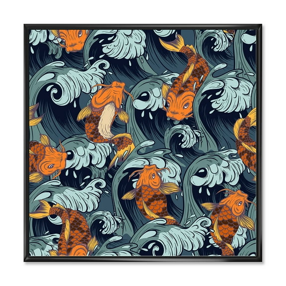 Designart 'Japanese Koi Fish on Sea Waves' Nautical & Coastal Framed Canvas Wall Art Print