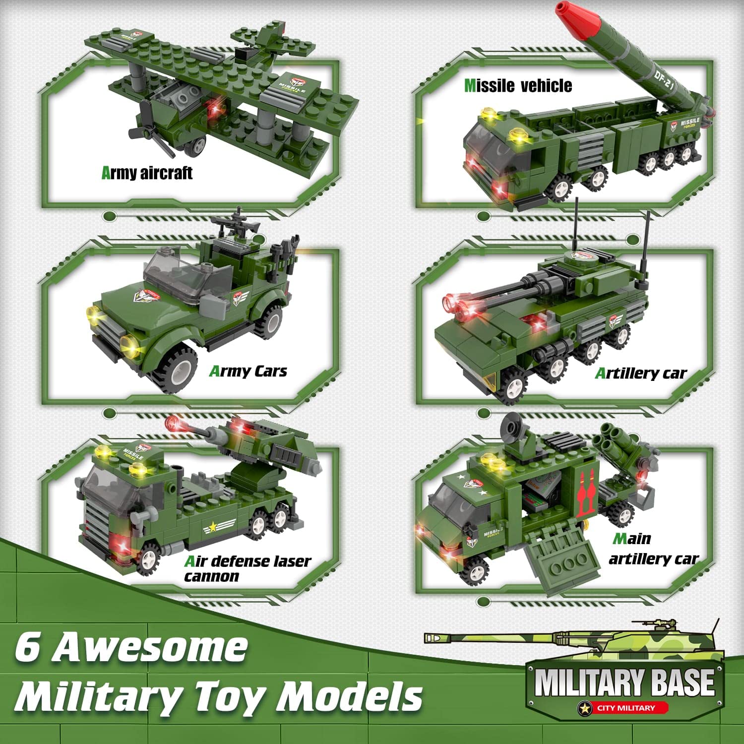1162 Pcs Police Building Blocks Set, Army Military Base Building Kit for Kids,ENP Stem Building Toy, Gifts for Boys Girls 6-12, Green