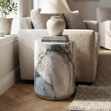 Furniture of America Isla Modern Stone Indoor & Covered Patio Round Drum End Table, Blue Gray Marble