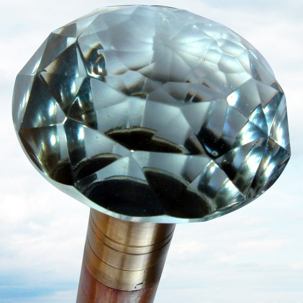 Victorian Era Carnival Cut Glass Knob Walking Stick Cane w/ Wood Shaft