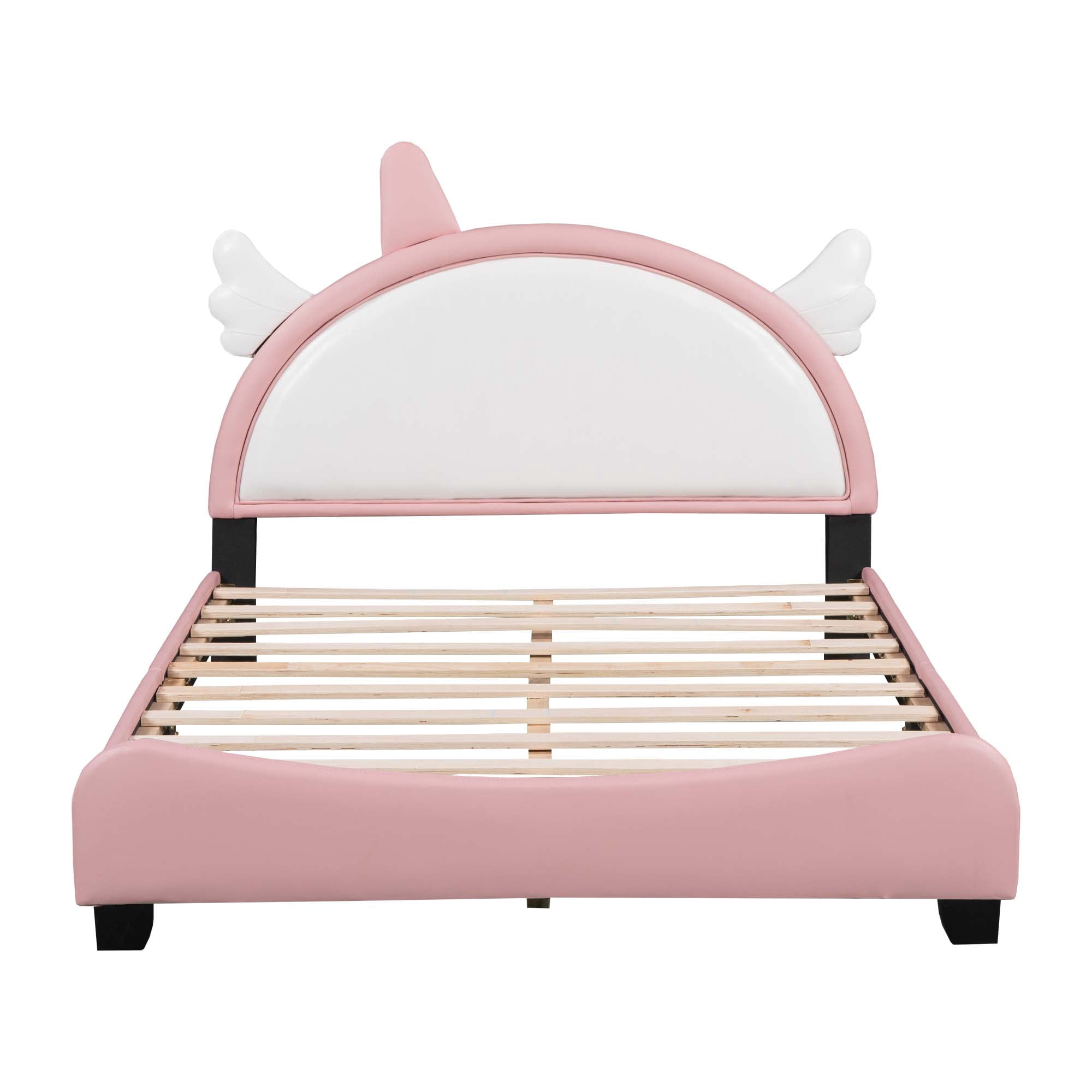 Aukfa Upholstered Bed with Unicorn Horn Headboard for Kids, PU Full Size Platform Bed - White