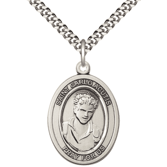 Mens 1 x 3/4" Oval Pewter Saint Carlo Acutis Medal Pendant on 24" Rhodium Plated Heavy Curb Brass Chain with Lobster Claw clasp, Catholic Religious Necklace -Made in USA- Velvet Gift Box