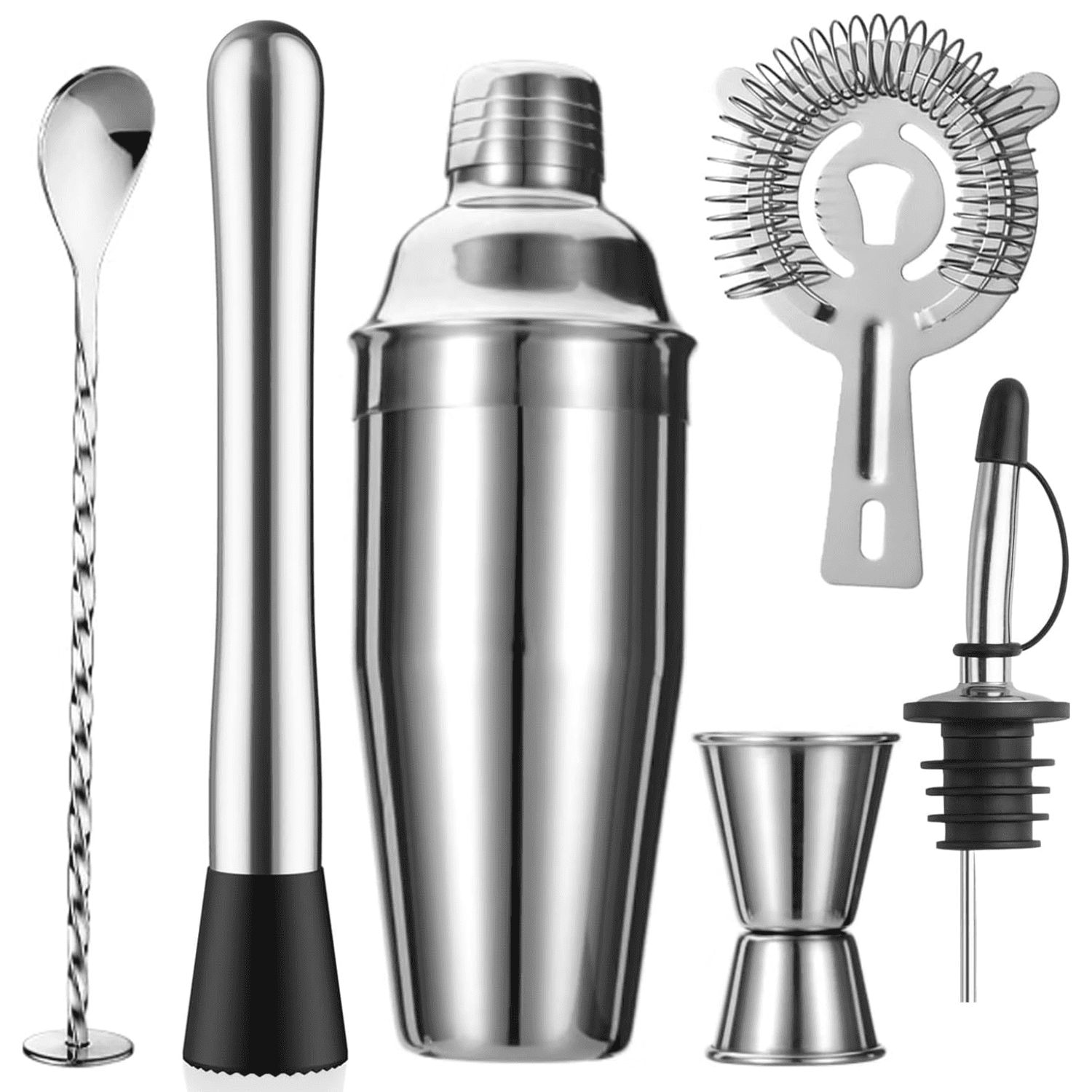 Houdini 5-Piece Bar Set in Stainless Steel with Wood and Glass