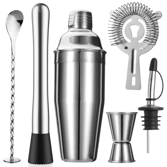 6-Piece Cocktail Shaker Set 25oz Shaker Strainer Muddler Jigger Mixing Spoon Pour Spout Bartender Kit Stainless Steel Bar Set Housewarming Gift