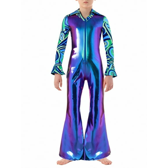 Yhong 60s 70s Hippie Disco Jumpsuit for Kids Metallic Shiny Bell Bottoms Pants Funky Dancing Outfit Blue 14