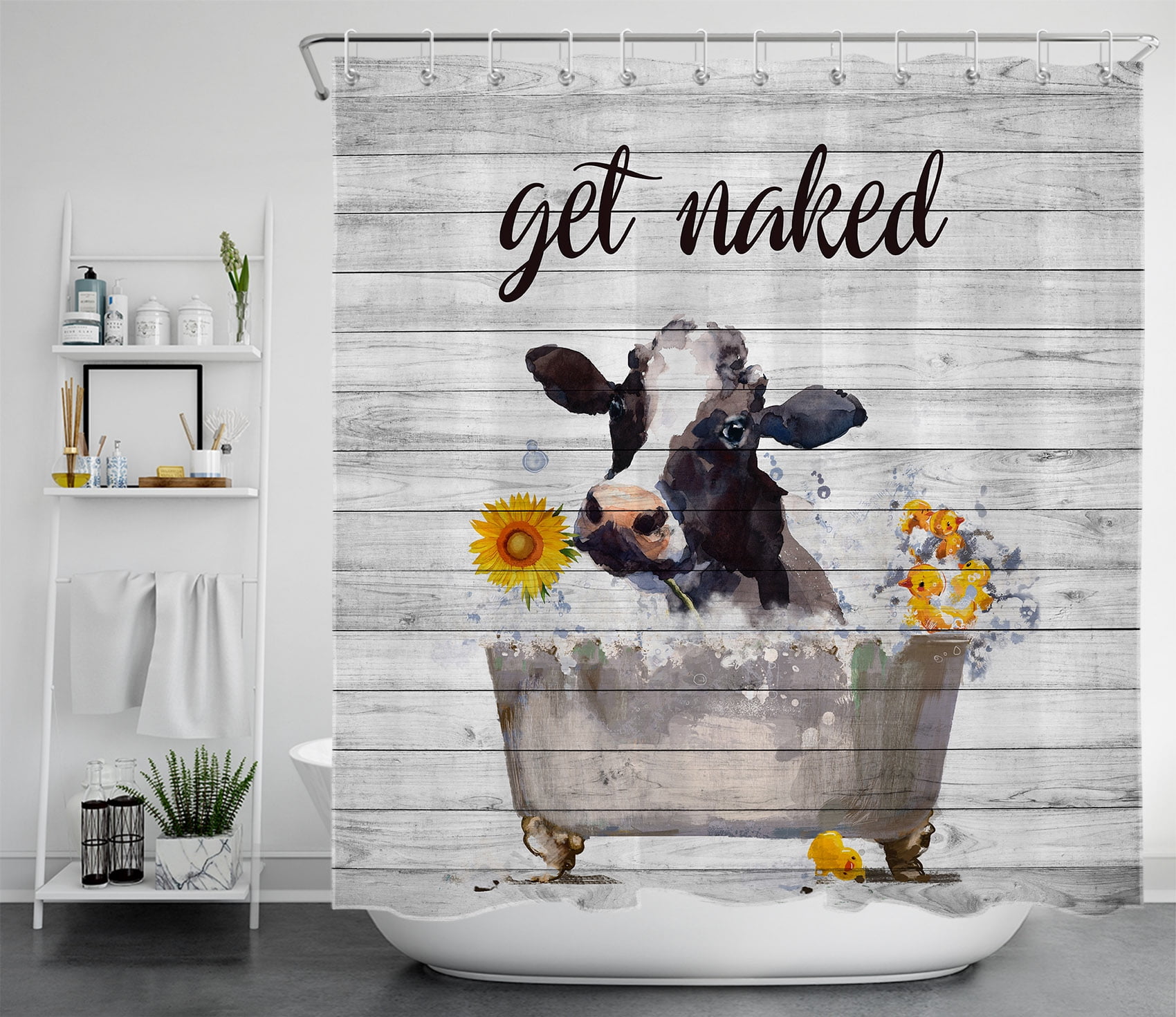 Get Naked Shower Curtain Funny Highland Cow with Sunflowers For Bathroom Decor 