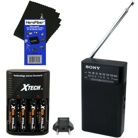 Powerpod Portable Battery (Sony Portable AM/FM Radio with Built-in speaker and headphone jack (Black) + 4 AA High Capacity Rechargeable Batteries with Battery Charger + HeroFiber® Ultra Gentle Cleaning)