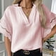 thumbnail image 2 of Camisa casual para mujer, cuello en V, color sólido, manga corta, costura de encaje, elegante top de verano para uso diario, 2 of 5