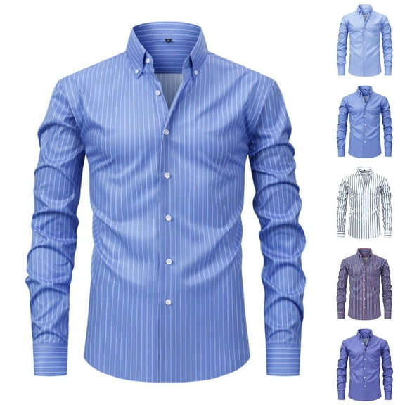 UVEASISHA Men's Slim Fit Dress Shirt Long Sleeve Striped Business Shirts Regular Fit Casual Button Down Shirt Formal Wedding Shirts Light Blue M