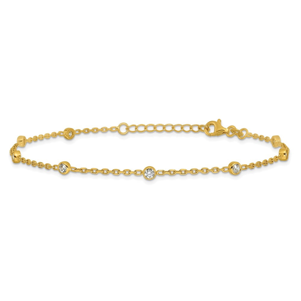 Sterling Silver Gold-tone Polished w/CZ 10in Plus 1in ext. Anklet