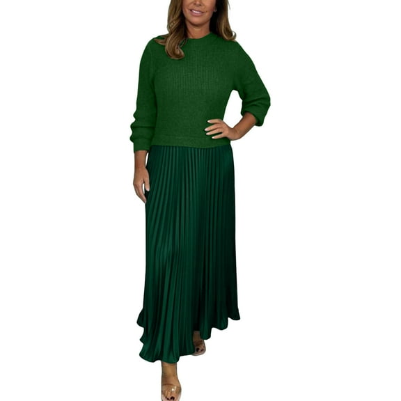 Perfectbot Womens Elegant Pleated Dresses, Maxi Length Long Sleeve Ribbed Knit Sweater Dress for Spring