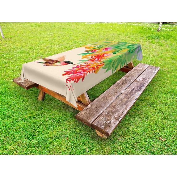 Hummingbird Outdoor Tablecloth, Image of Colibri Bird and Flowers Exotic Tree Bloom in Watercolor Effect, Decorative Washable Fabric Picnic Tablecloth, 58 X 104 Inches, Green Red Beige, by Ambesonne