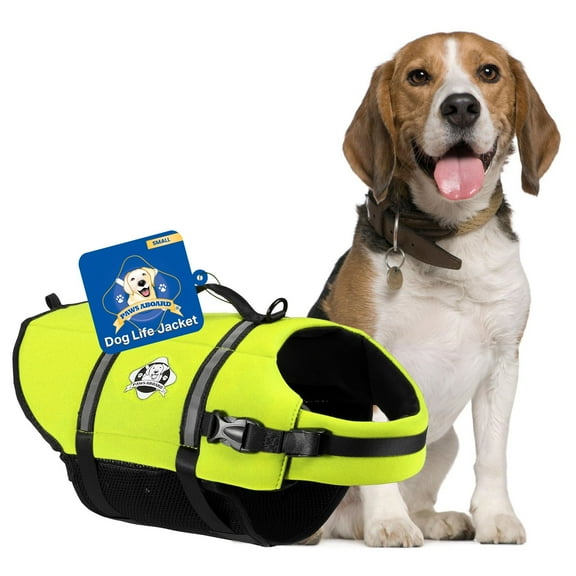 Paws Aboard Dog Life Jacket - Keep Your Canine Safe with a Nylon Life Vest - Designer Life Jackets - Perfect for Swimming and Boating - Neon Yellow, Small