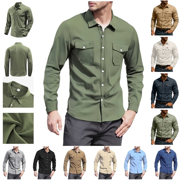 BiZtdJrK Quick Dry Cargo Shirts for Men Big and Tall Long Sleeve Work Tops Outdoor Casual Button Down Blouse with Pockets, Army Green, XXL