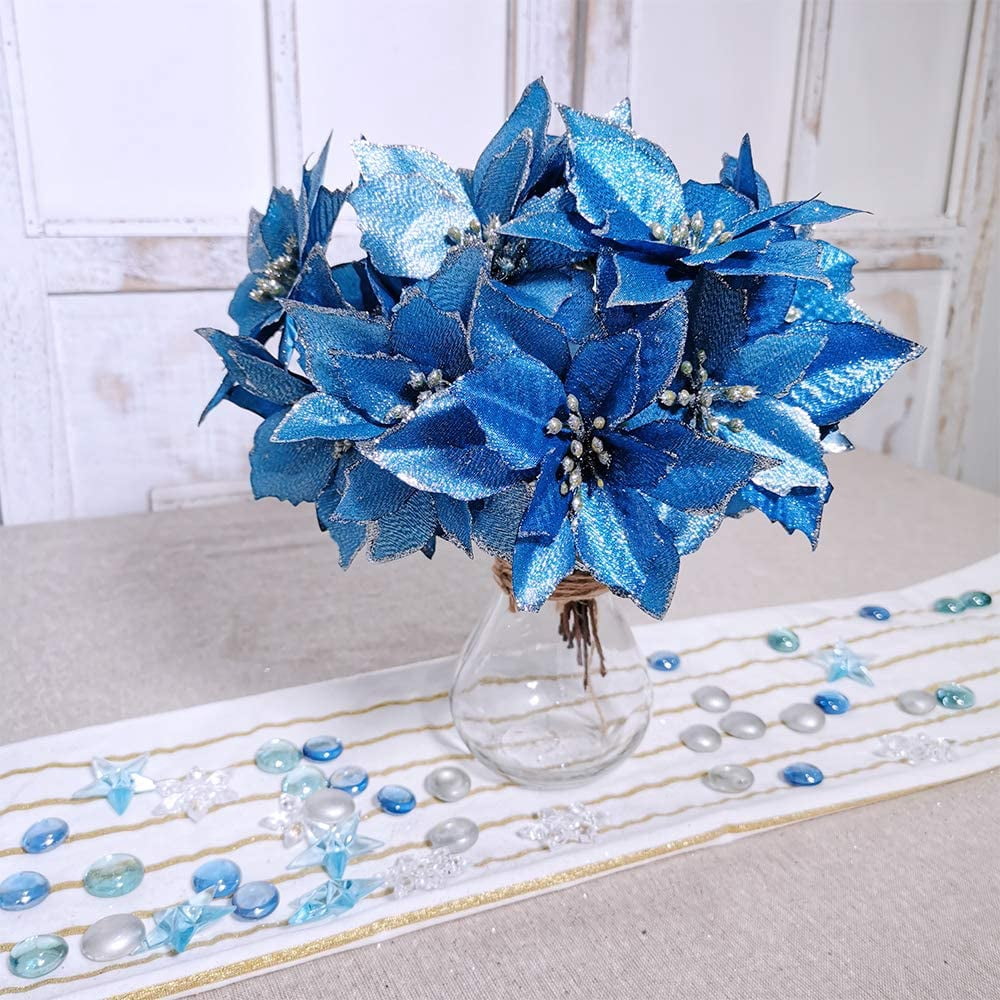 12 Pack Silver Christmas Glitter Poinsettia Flowers Decorative Artificial Poinsettia Flowers - Blue
