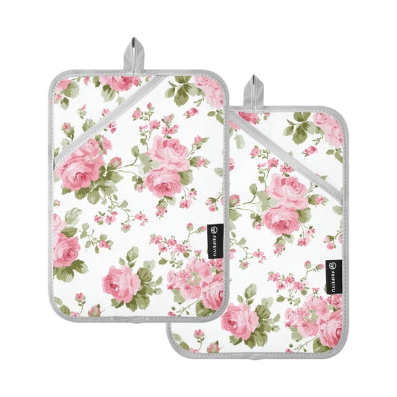 Chic Pink Roses Pot Holder Heat Resistant Mat Oven Hot Pads Pocket Design Potholders Set of 2