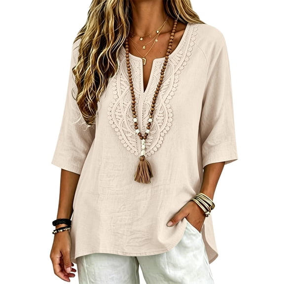 Womens Summer Shirts Lace V Neck 3/4 Sleeve Curved Hem Cotton Linen Oversized Tshirts for Women Beige L