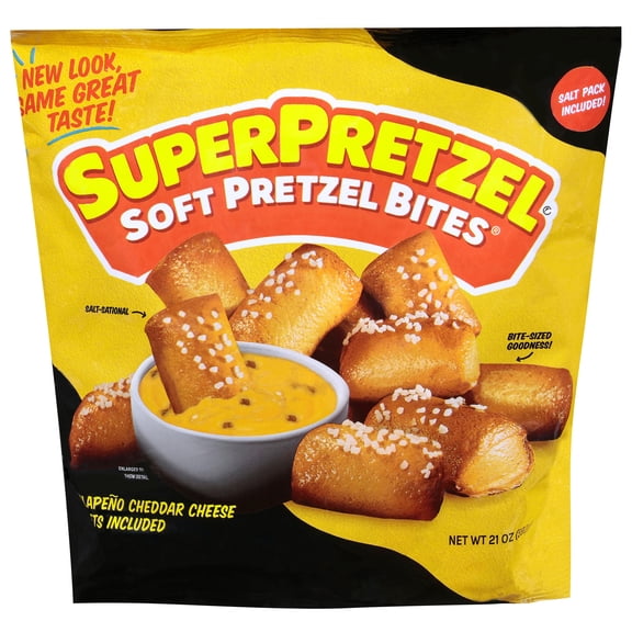 SuperPretzel Soft Pretzel Bites with Jalapeno Cheese Packet, 21 oz (Frozen)