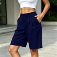 thumbnail image 6 of Puyaiuu Women Elastic High Waist Pleated Side Pocket Knee Length Bermuda Shorts Navy M Gift, 6 of 6