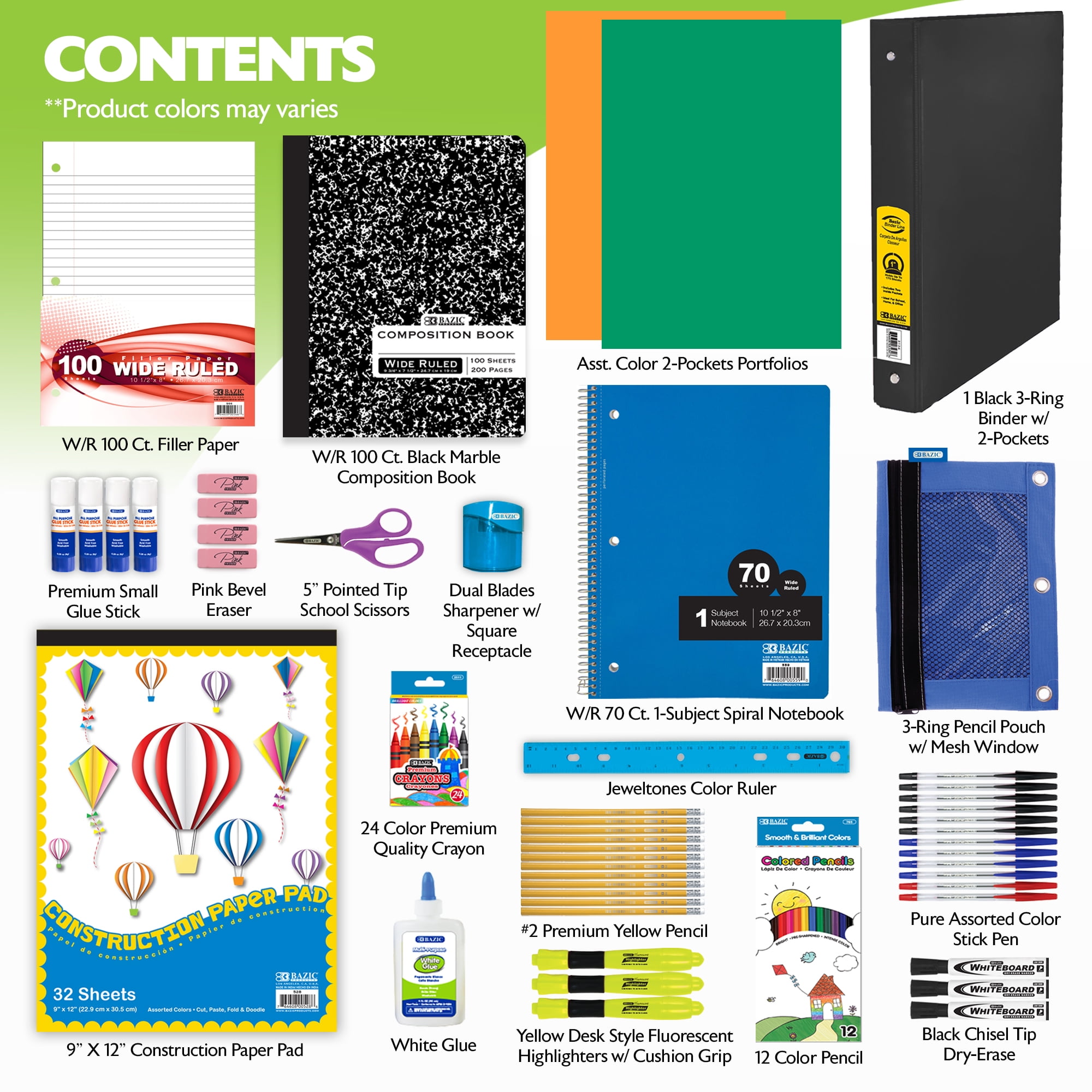 BAZIC School Kit Supplies Kit 86 Count, Bazic Products School Supplies Composition Books for Student 3-6 Grades, Spec May Vary, 1-Pack