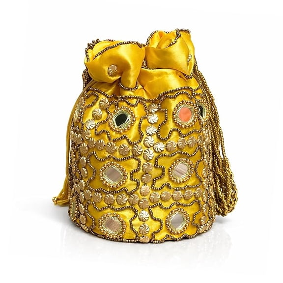 Handcrafted Embroidered Potli Bag for Women with Mirror Work and Beaded Design Traditional Drawstring Pouch Purse for Wedding Party and Festive Use-Golden