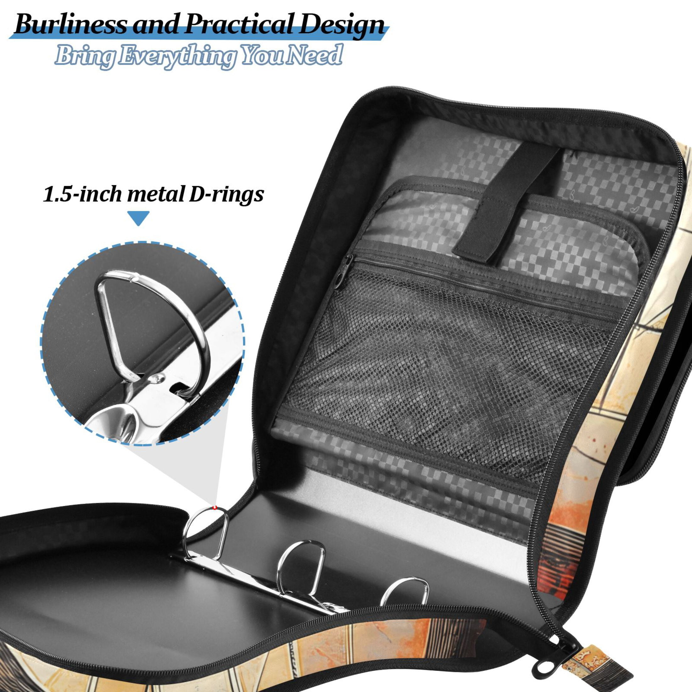 3 Ring Zipper Binder with Shoulder Strap Waterproof Trapper Keeper 2 Inch D-Ring 500 Sheets Capacity Elegant Black Cat