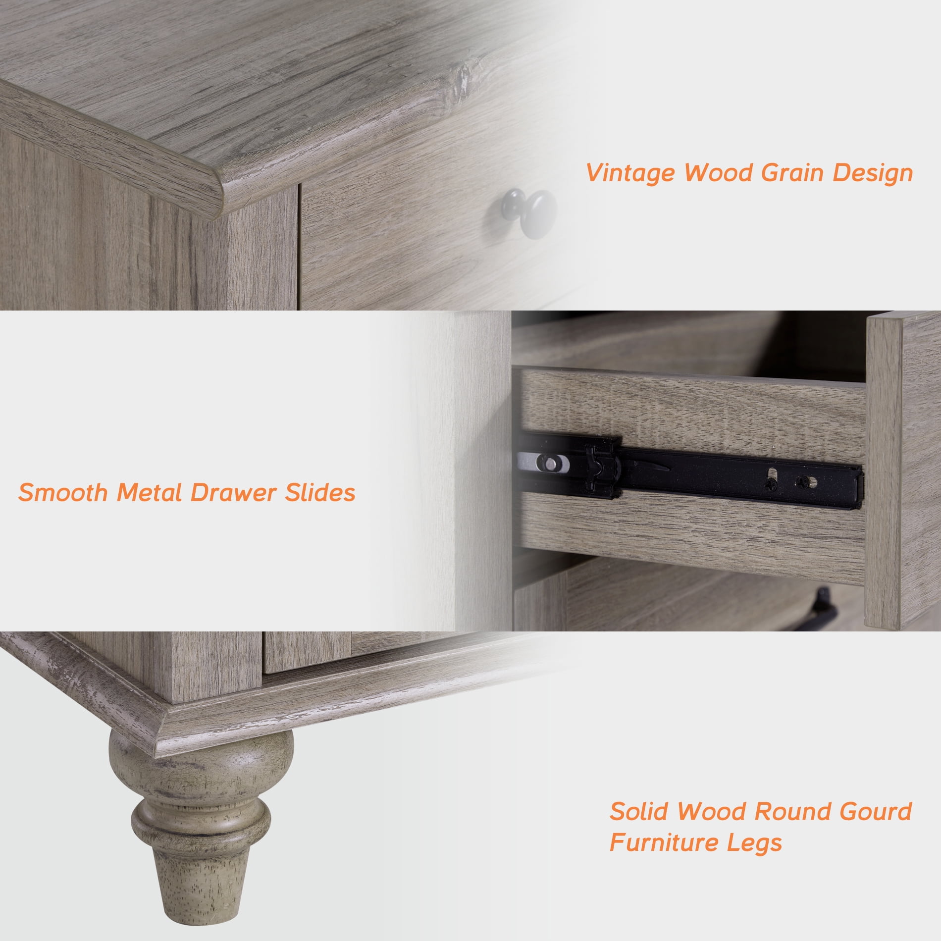 Grey Wood Chest of Drawers, Farmhouse Dresser for Bedroom & Living Room