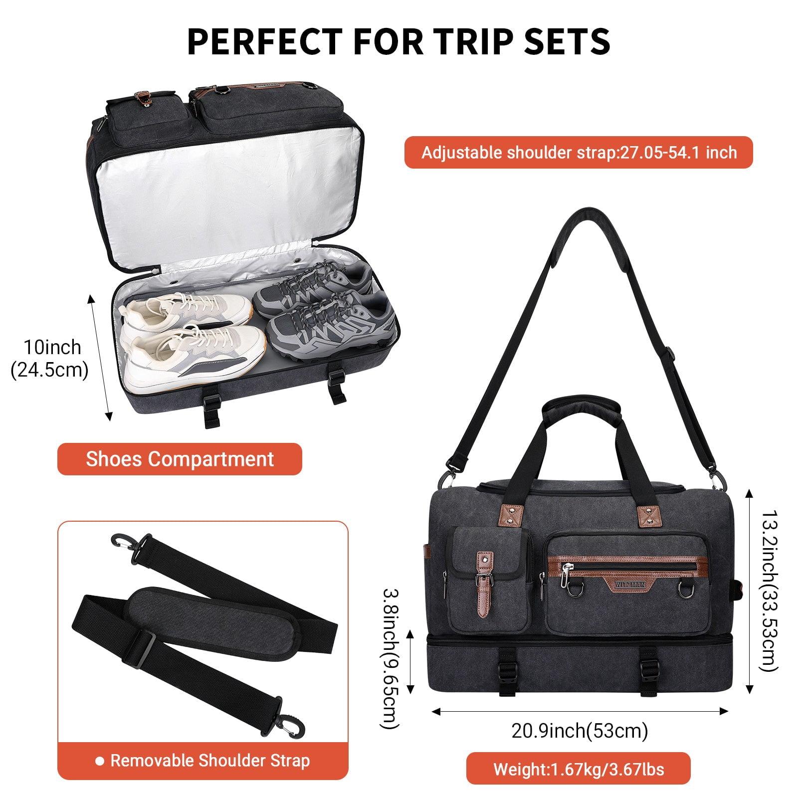 WITZMAN Canvas Weekender Bag Mens Overnight Bag for Traveling Carry on Duffle Bags with Shoes Compartment(A8010 Black)