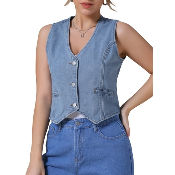 CHAQUETA DE JEAN SIN MANGAS PARA MUJER INSPIRADA CHIC, CON CUELLO EN V Y BOTONES, VESTIDO DE DENIM CORTO M AZUL CLARO