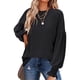 thumbnail image 1 of Camisa informal de punto holgado con cuello redondo y mangas largas con volantes para mujer, color negro, 1 of 6