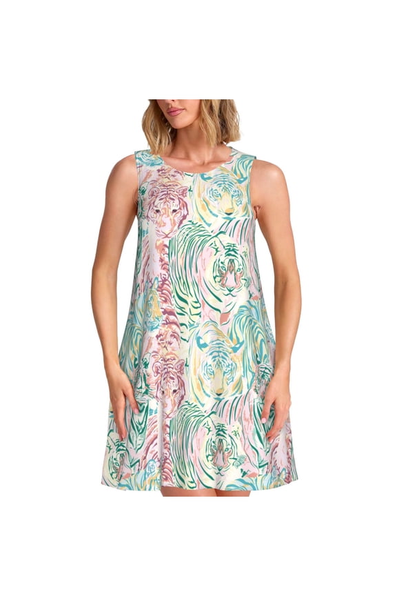 Watercolor Tiger Pattern Women's Summer Dresses 2025 Beach Casual Sleeveless Tank Loose Sundress Beach Vacation Clothes with Pocket -X-Large