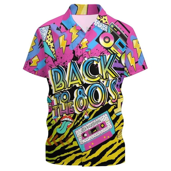 XIAONU Men's 80s Retro Letter Print Short Sleeve Shirt Camp Collar Regular Fit Party Resort Shirts