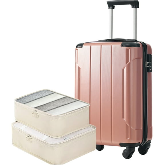 JERFIT 20 Inch Rose Gold Hardshell Carry On Luggage with Spinner Wheels, TSA Lock & Packing Cubes, Lightweight ABS Suitcase for Air Travel