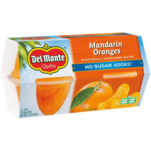 (4 Cups) Del Monte Fruit Cups Mandarin Oranges No Sugar Added, 4 oz