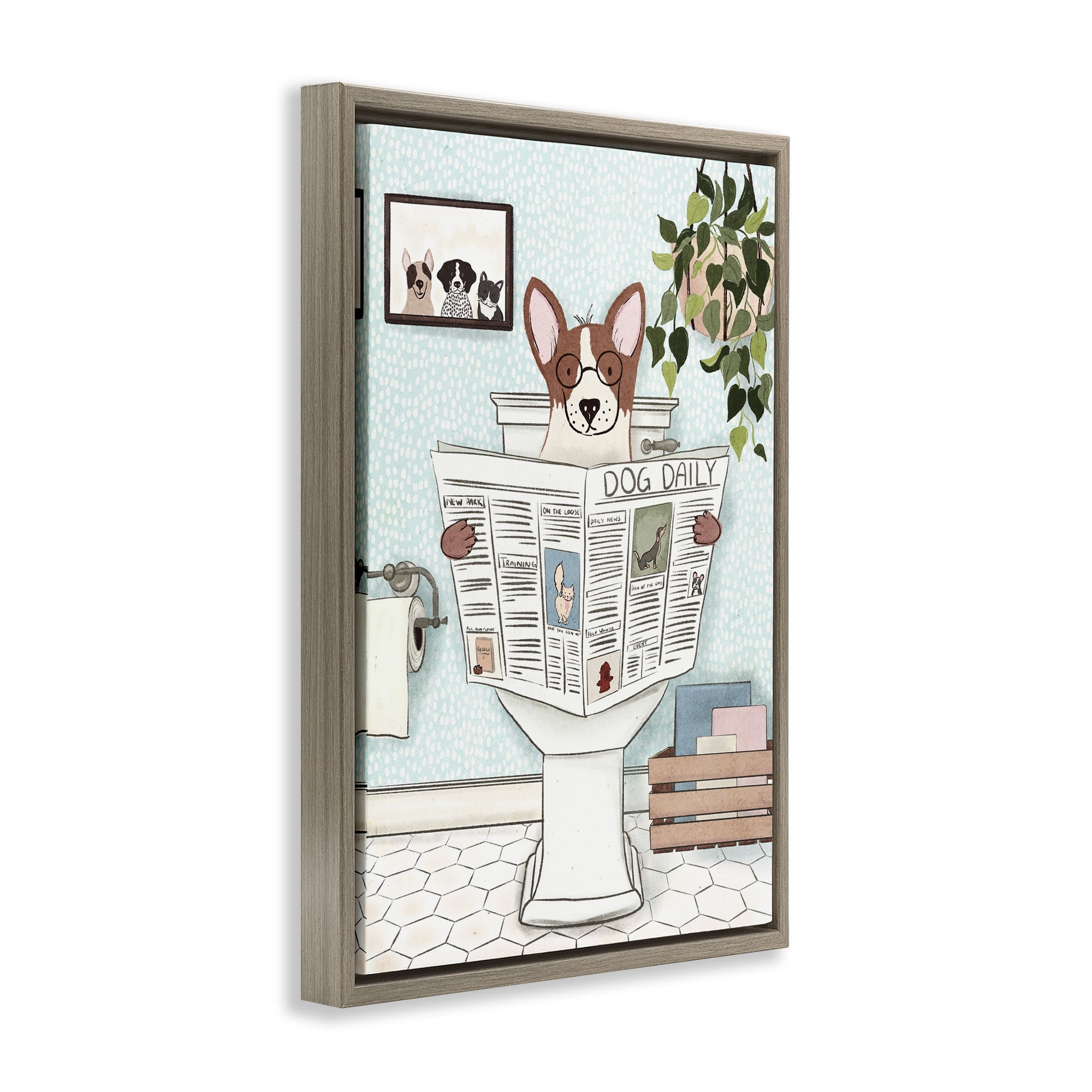 Stupell Industries Pup with Newspaper Typography Painting Brown Floater Framed Canvas Art Print Wall Art, 21 x 31