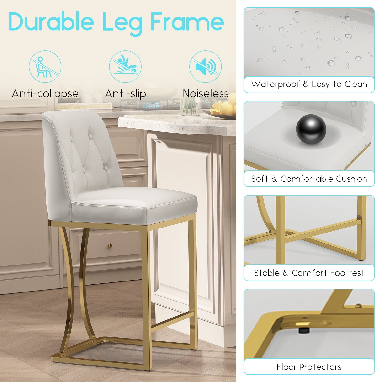 iooHug Set of 4 White Bar Stools, 24" Counter Height Bar Stools, PU Leather Kitchen Island Stools with Back and Gold Footrest, Modern Bar Chairs for Dining Room or Home Bar