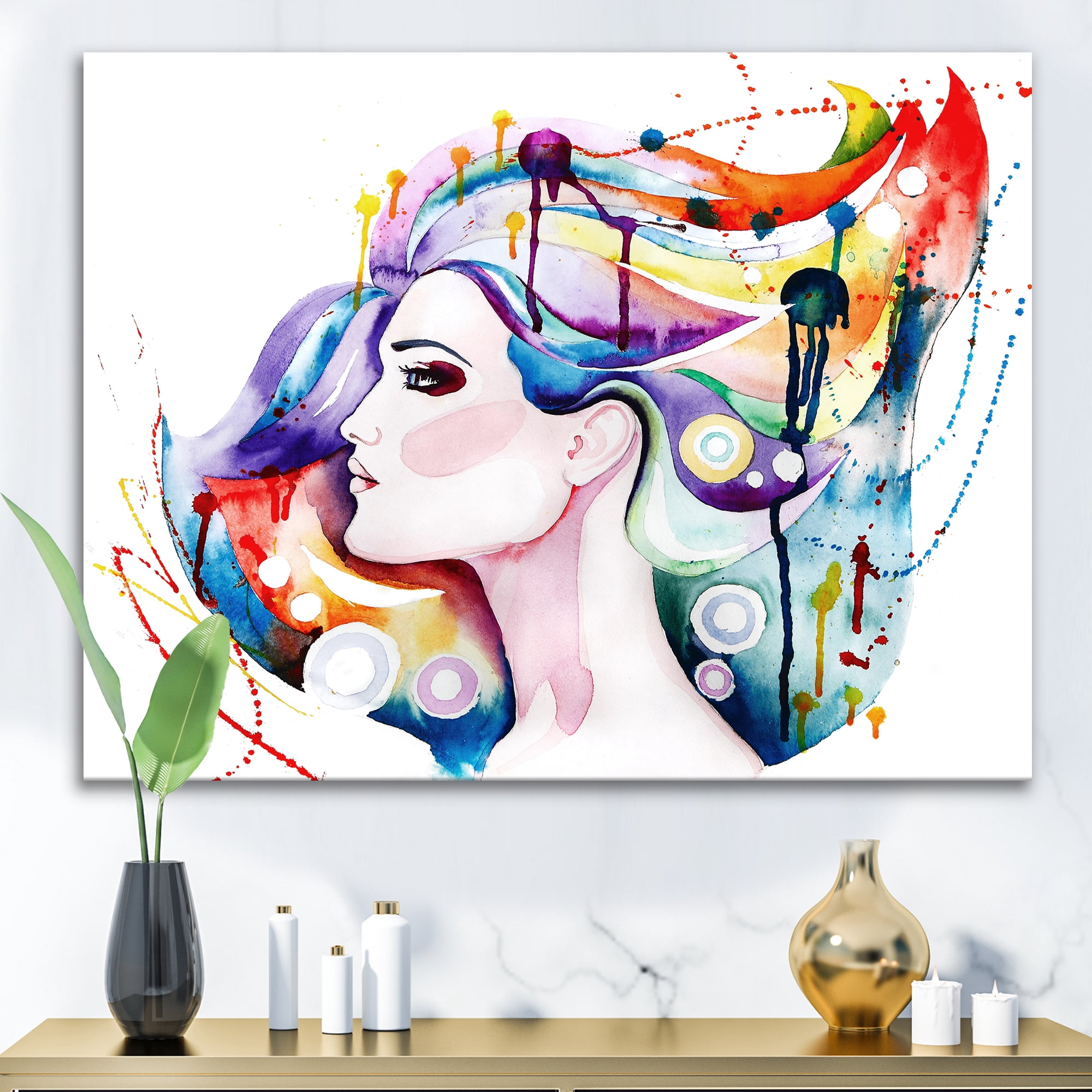 Designart ' Beautiful Young Woman With Colorful Hair ' Traditional Canvas Wall Art Print