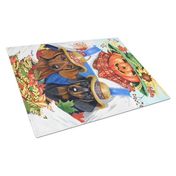 Dachshund Fall Scarecrow Glass Cutting Board Large