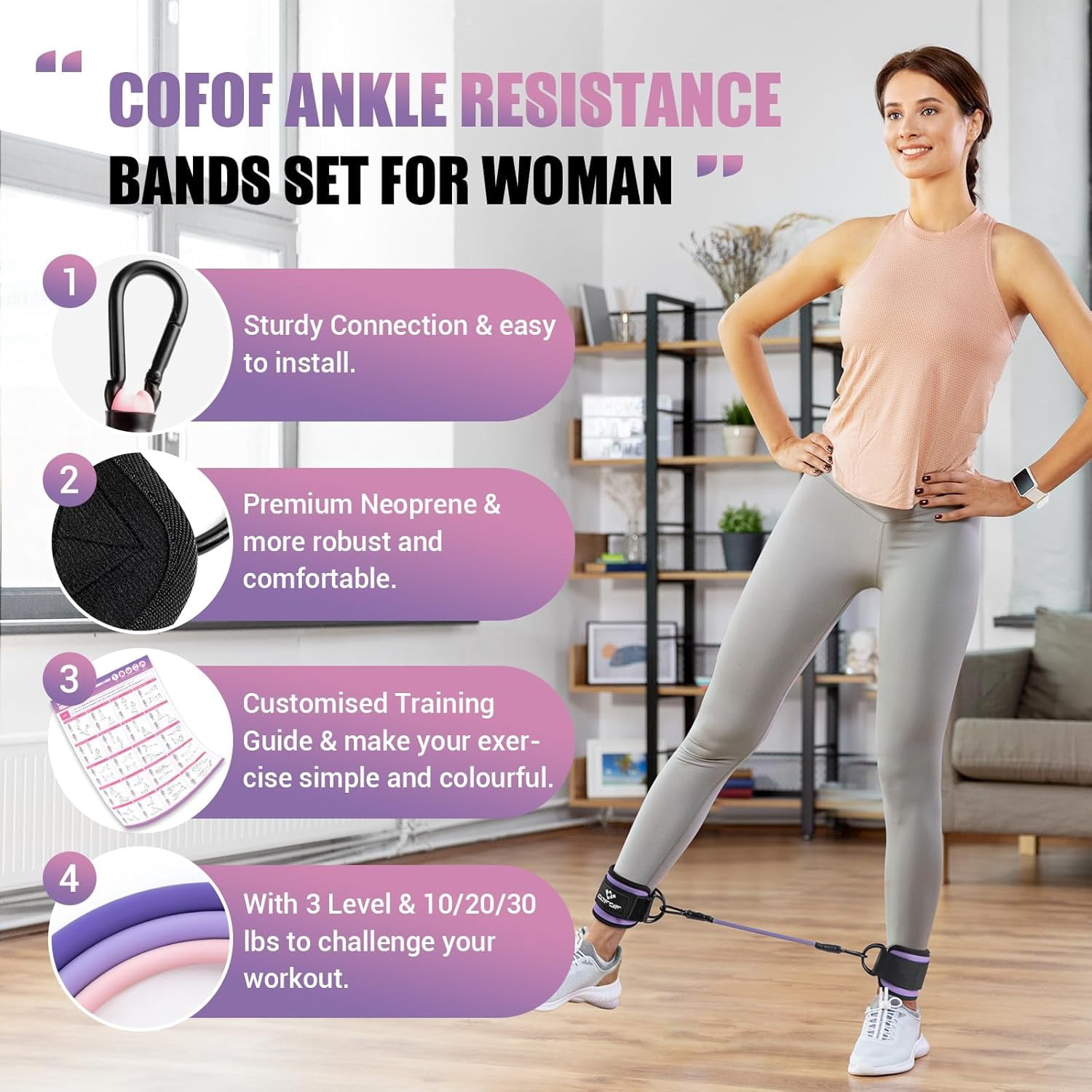JJEAN-Ankle Resistance Bands with Cuffs, Ankle Bands for Working Out, Kickbacks Hip, Leg Glute Exercise Equipment with Training Poster, Resistance Workout Equipment for Women